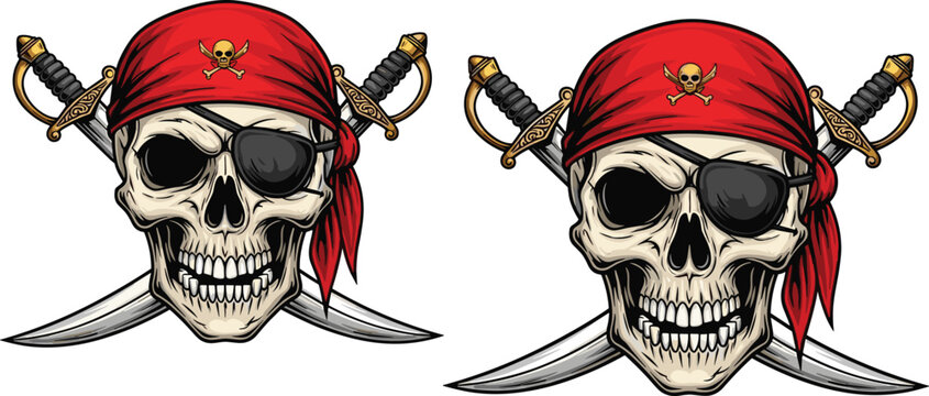 Pirate skull vector illustration set with red bandana, eye patch, crossed swords, and skull emblem