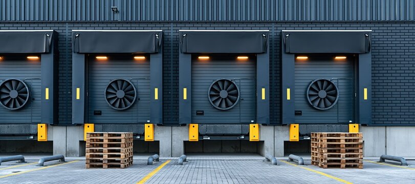 Warehouse loading docks with large ventilation fans and stacked pallets