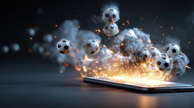 Flaming soccer balls shoot out from a smartphone screen with sparks and smoke, symbolizing explosive digital sports energy.