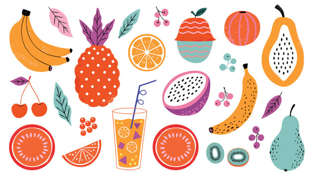 Tropical fruit mix and refreshing juice glass surrounded by exotic plant elements
