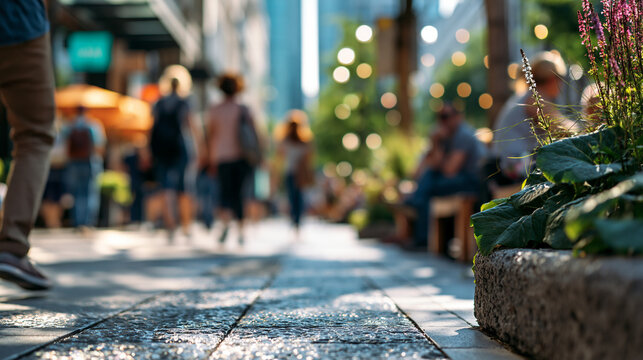 Urban street in extreme summer heat with shimmering pavement and sparse greenery as people seek shade, urban heat wave climate change impact photo