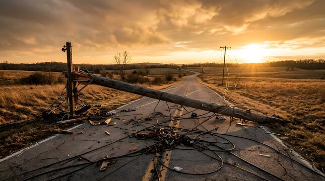 Aftermath of a natural disaster featuring a fallen power pole and tangled electrical wires cutting off a winding mountain highway under dark storm clouds at sunset