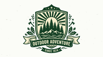 Vintage outdoor adventure badge featuring mountains, trees, and sun, ideal for travel or nature themes © Payu