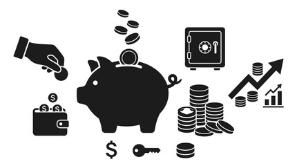 Black piggy bank with coins money. © Payu