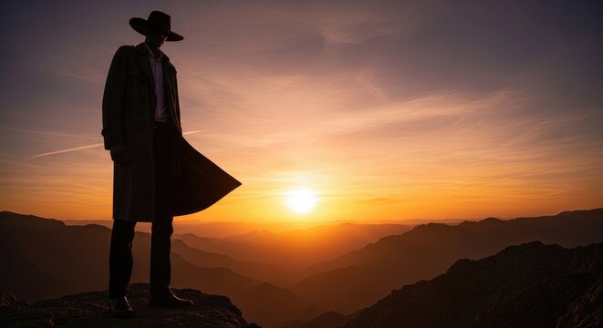 Man in silhouette standing on mountain peak at sunset