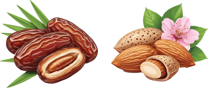 Realistic dates and almonds vector illustration with leaves, blossom, shells, and sliced nut fruit details