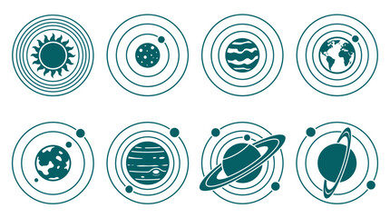 Illustrative solar system icons featuring the sun, planets, and Earth with circular orbits © Payu