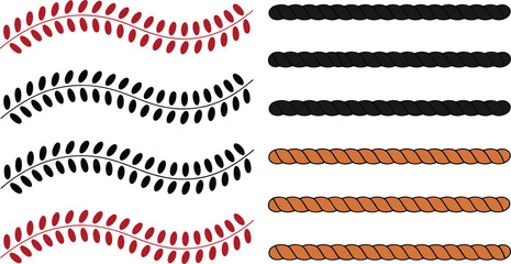 Decorative rope borders and baseball stitch vector illustration collection featuring seamless wavy leaf patterns, black lines and textured nautical twine dividers. © Hosneara