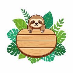 Naklejka premium Cute Sloth Peeking Over Wooden Sign Surrounded by Tropical Leaves