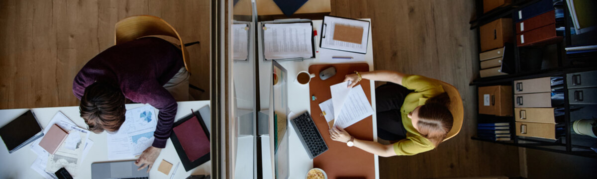 Website header shot of middle aged business people working at separate desks, reviewing documents and laptop data across office divider, overhead view. Ideal for teamwork, finance, productivity themes