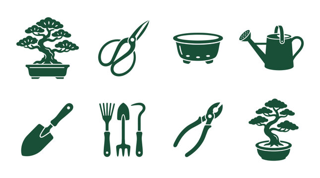 Bonsai Gardening Tools and Equipment Icon Set Collection.