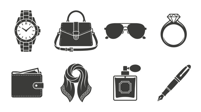 Set of black and white fashion accessories icons.
