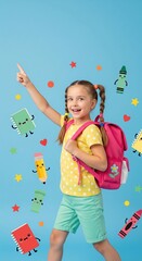 Fototapeta premium Girl with backpack pointing up, surrounded by cartoon school supplies on blue backdrop. A cheerful studio shot filled with optimism. . School spirit, academic success, bright future.