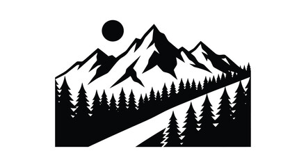 Mountain range silhouette with forest and river black on white © Mdmojibur