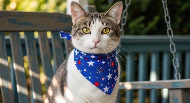 Gray and white tabby cat wearing a patriotic bandana outdoors