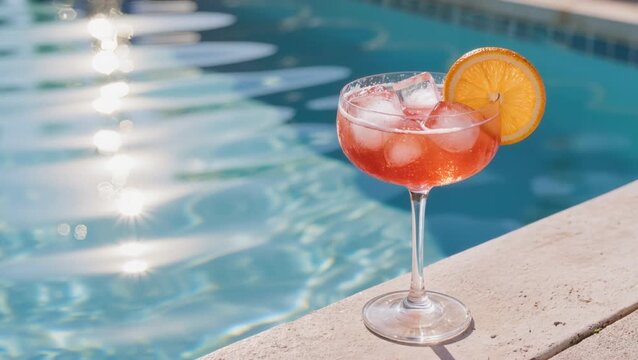 A refreshing orange cocktail with ice and citrus garnish sits poolside beside a sunlit swimming pool, evoking a relaxed summer atmosphere.