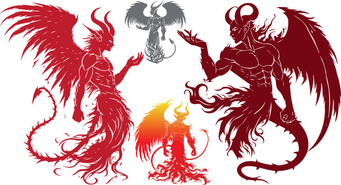 Demonic winged creatures vector set, mythical devil silhouettes with horns and tails, dark fantasy monster character illustrations for gaming