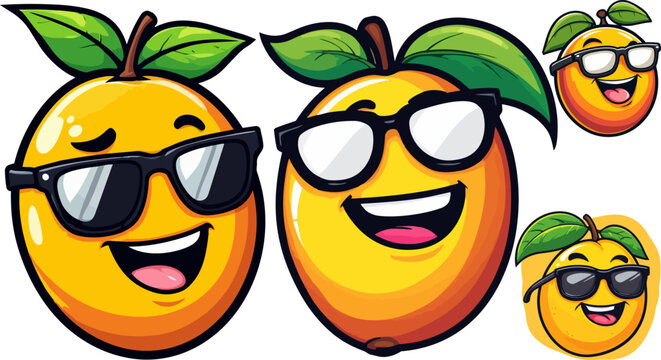 Cartoon orange character with sunglasses, funny citrus fruit mascot collection, happy orange emoji set with green leaves, vector fruit illustrations