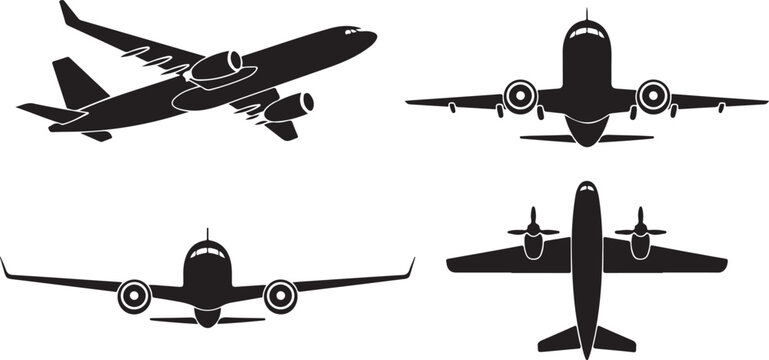 Modern passenger airplane silhouettes shown from different angles including top front and side flight views