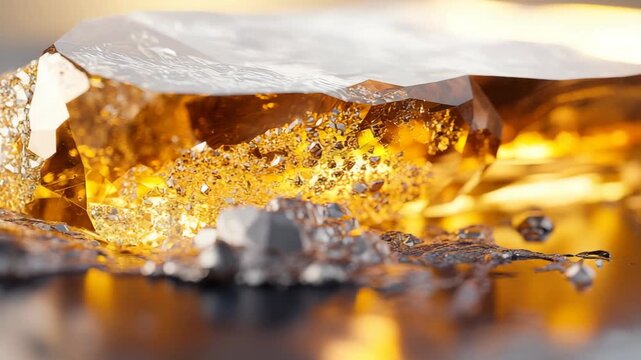Shiny gold metal and silver flakes resting on a dark surface. The bright light highlights the smooth textures and reflections created by the metals