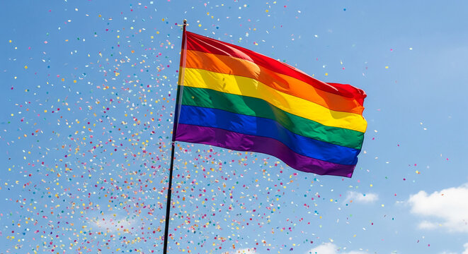 Rainbow flag waving against a bright blue sky with colorful confetti showering down, symbolizing pride, diversity, and celebration