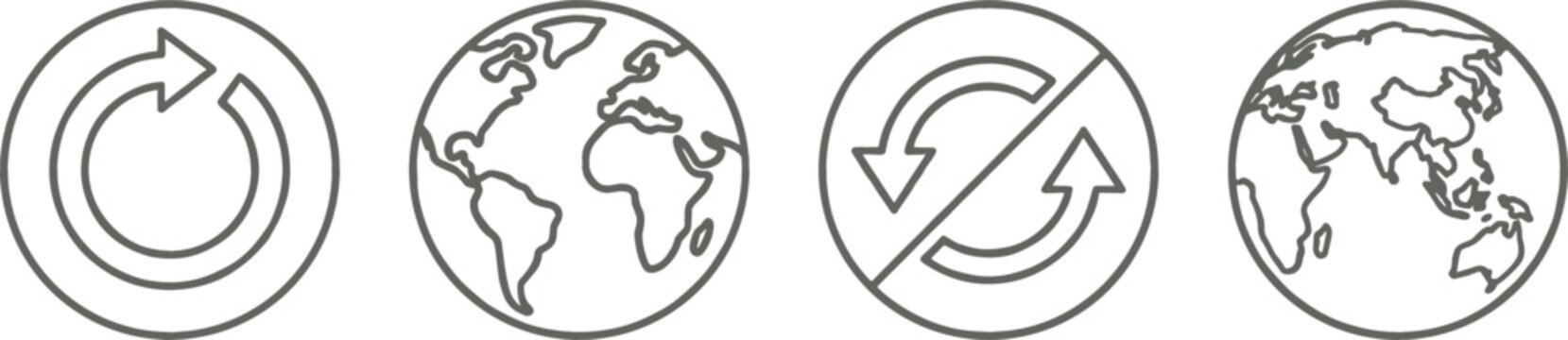 Global recycling and sustainability icon set vector featuring linear style earth globes and circular refresh arrows for environmental conservation concepts.