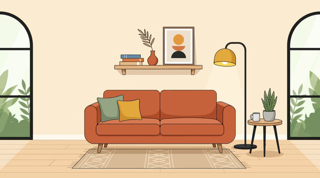 Modern living room orange couch furniture.