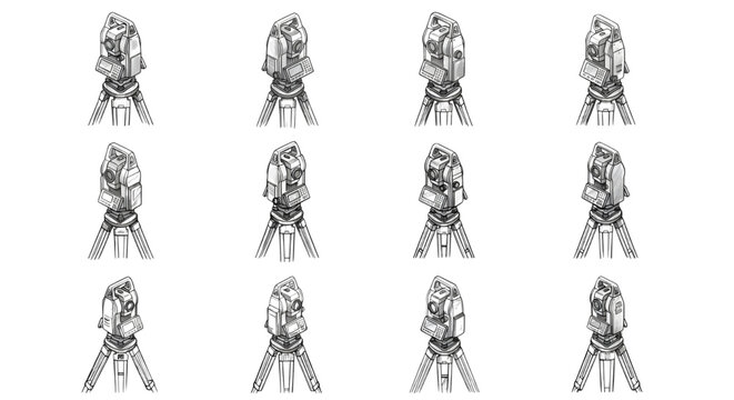 Technical Sketch of Total Station on Tripod Survey Equipment Hand-drawn Style Vector Icons, 