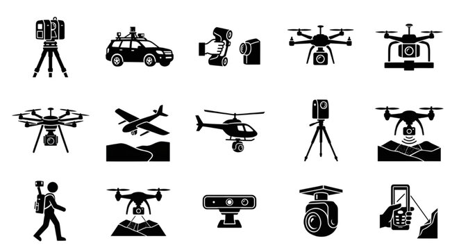 Modern Mapping Technology Icons with Drones and Lidar Scanners Vector Illustrations, Drone photogrammetry, Lidar-equipped vehicles, and handheld laser scanners. GNSS GPS Pole 
