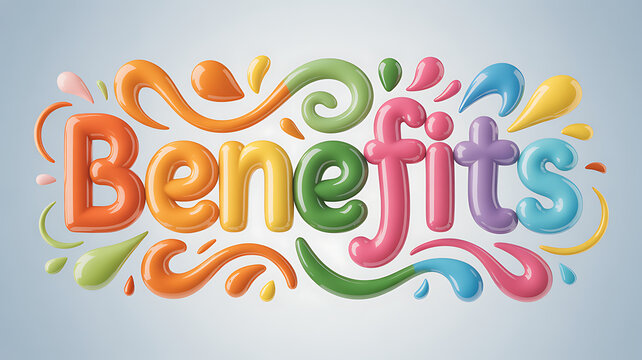 Vibrant colorful illustration of the word Benefits surrounded by swirling shapes