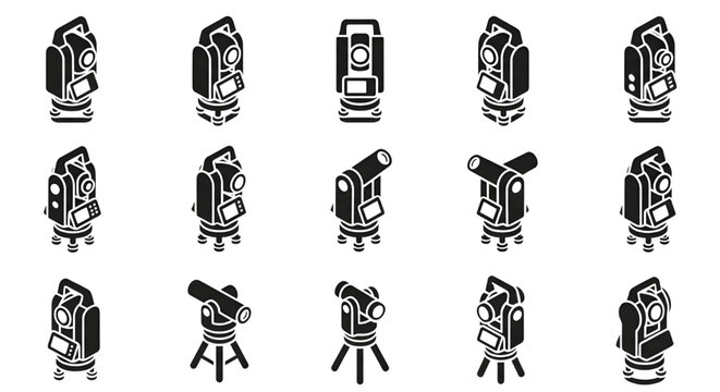 Silhouette Icons for Topography and Engineering Vector Icon Set, Surveying total stations and theodolites from various perspectives and angles, GNSS GPS Pole,             