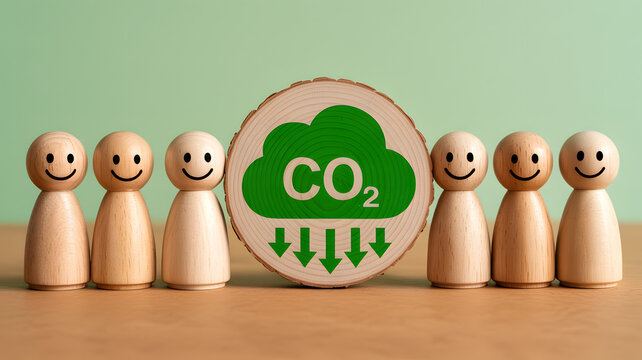 Wooden figures with CO2 reduction symbol promoting environmental sustainability and climate action