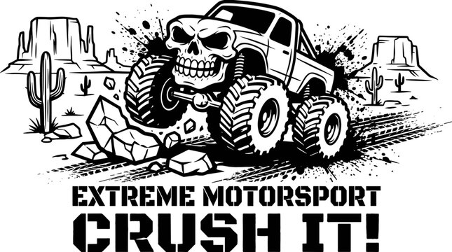 Monster Truck with Skull Face Crushing Rocks in Desert Landscape.