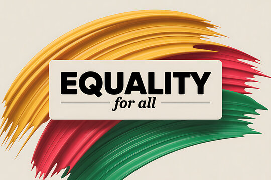 Vibrant brush strokes convey equality message through color and text on a neutral background with hhh.