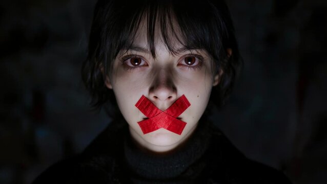 A close-up portrait of a young woman with red tape over her mouth forming an &ldquo;X,&rdquo; symbolizing silence, censorship, and emotional distress against a dark background.