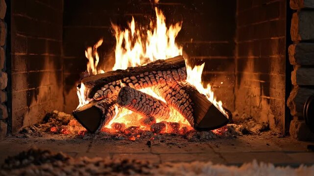 Cozy fireplace with burning logs and glowing embers creating a warm ambiance