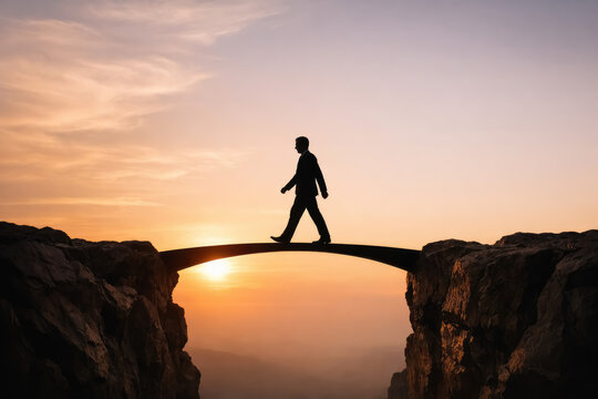 Silhouette of a businessman walking across a narrow stone bridge connecting two rocky cliffs during a soft golden sunset, conceptual business