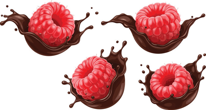 Realistic raspberries splashing into chocolate vector illustration set for dessert, confectionery, and sweet food design