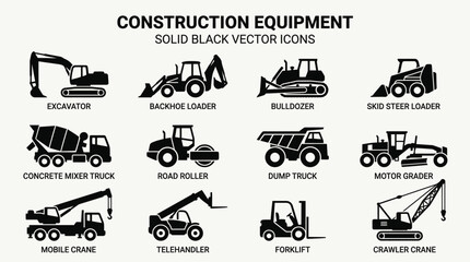 Obraz premium Black vector icons of construction machines.