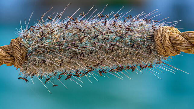 Close-up macro shot of ants forming a raft on a rope with working together, swarming