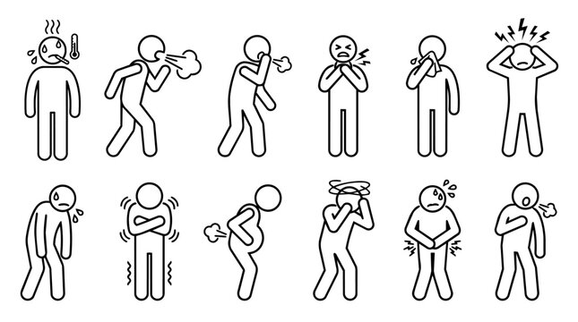 Sick person and flu symptoms icon set, minimalist line art of people with fever, cough, headache, sore throat, and stomach ache for medical and healthcare concept.