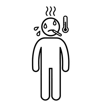 Sick person with high fever and thermometer, minimalist line art of human figure sweating with heat for medical, flu, and virus infection concept.