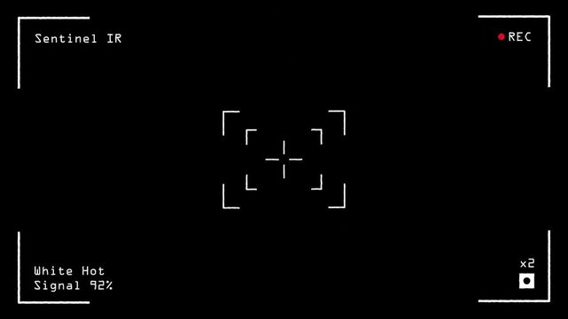 Military Night Vision HUD Overlay with Targeting Reticle. 4K Video