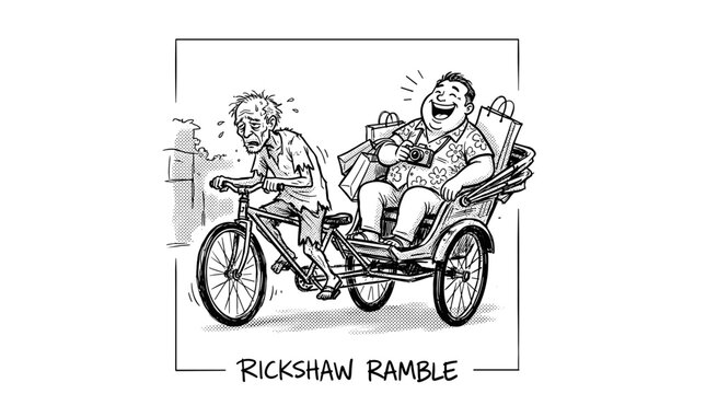 Man pulling rickshaw with happy passenger.