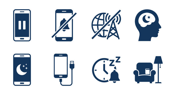 Set of dark blue icons representing digital wellbeing sleep mode and phone settings.