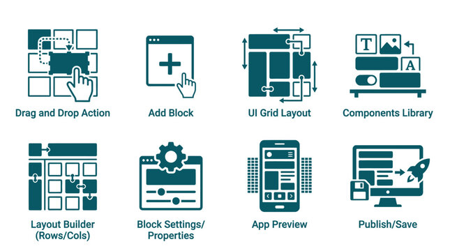 Set of modern web development and user interface design workflow icons.