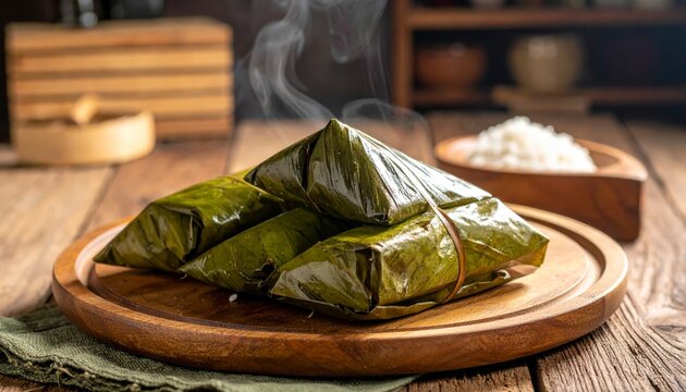 Generous portion of sticky rice wrapped in vibrant green lotus leaves, with delicate steam gently rising from the freshly prepared dish.