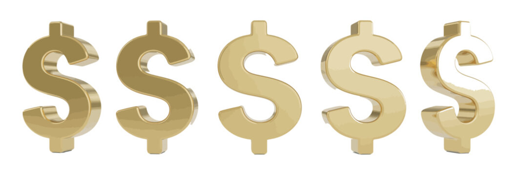 Collection of five metallic gold dollar signs representing wealth and financial success