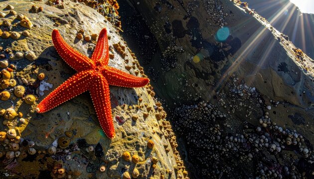 Brightly Colored Orange Starfish Clinging to a Submerged Rock with Five Arms Spread Wide in the Ocean