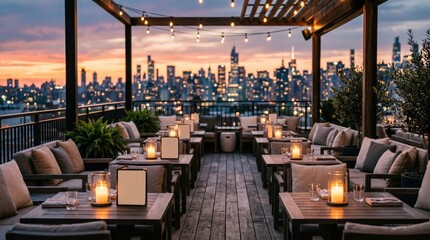 Naklejka premium Rooftop dining area illuminated by candles at city skyline